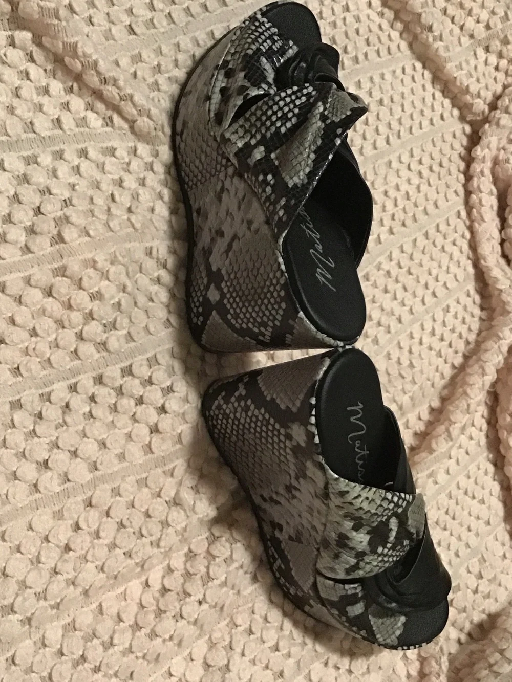 Matisse Black and Gray Snake-Print Wedge Sandals